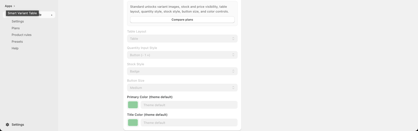 Smart Variant Table customization controls inside Shopify admin